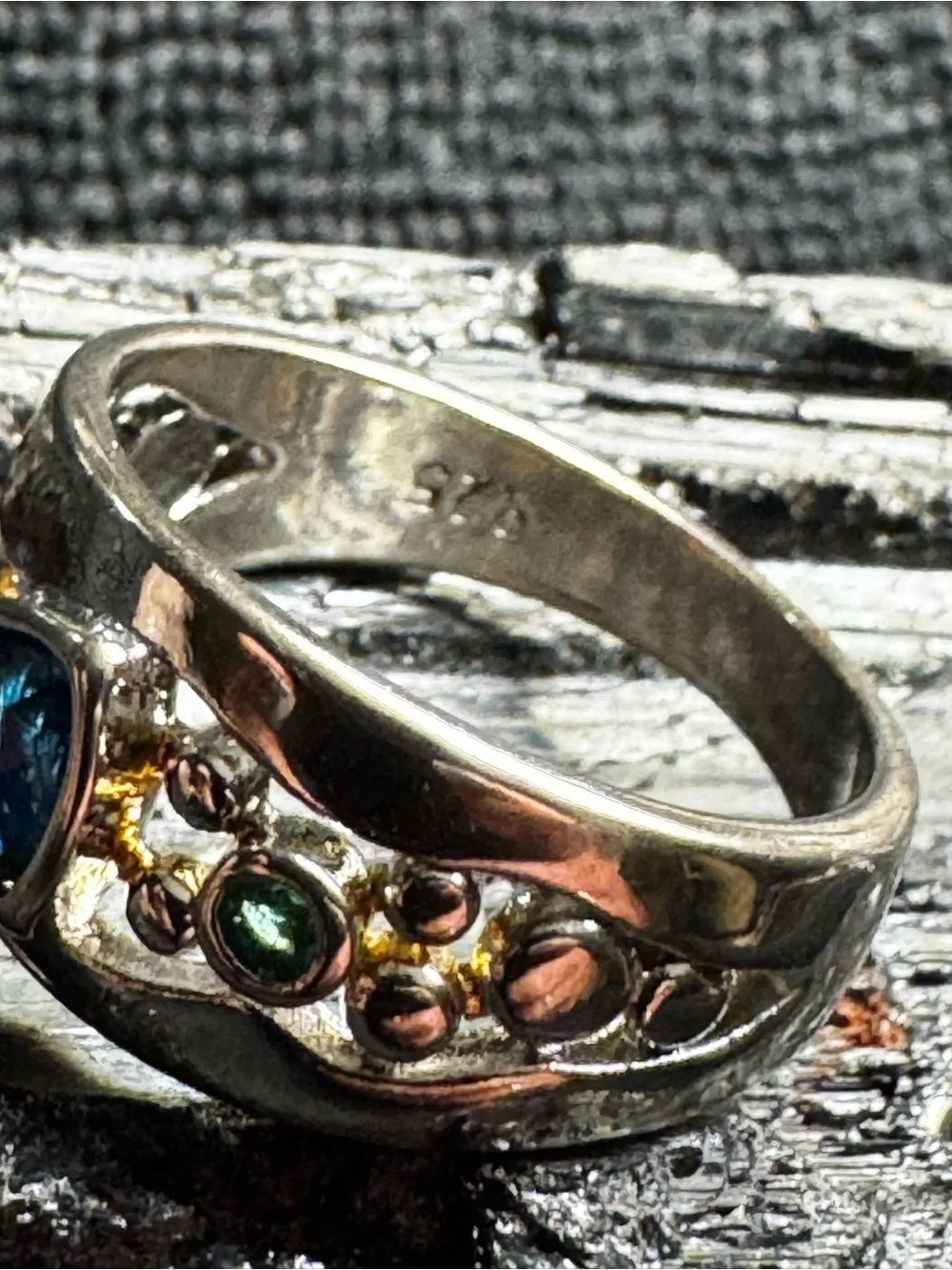 Vintage Solid .925 Sterling Silver Trillion Blue & Green Accent Wide Band Ring